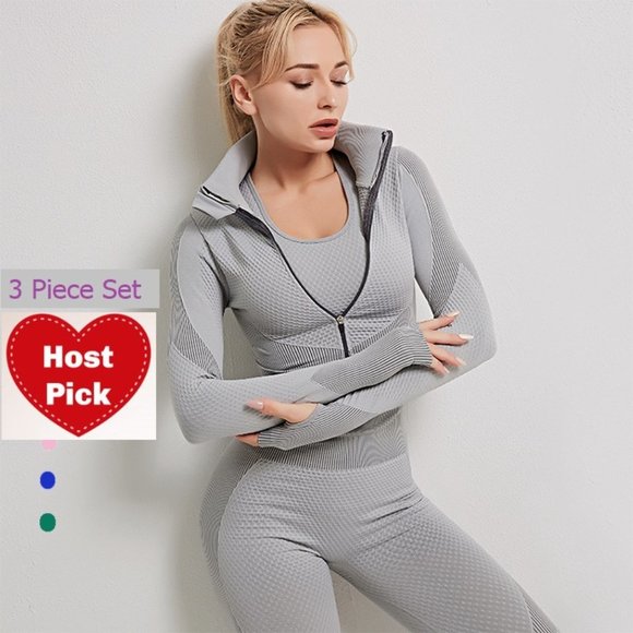 Matching 3 Piece Tracksuit Set - Sports Bra, Jacket and Yoga Pants Athleisure - Picture 1 of 12
